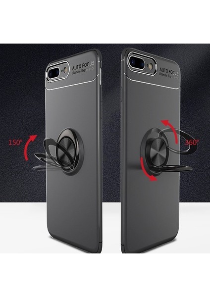 iPhone 7 Plus Kılıf Standlı Yüzüklü Mıknatıslı Kılıf + Esnek Nano Cam Lacivert