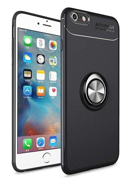 iPhone 6/6S Kılıf Standlı Yüzüklü Mıknatıslı Kılıf + 9H Esnek Nano Cam Siyah