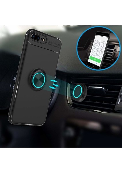 iPhone 6/6S Kılıf Standlı Yüzüklü Mıknatıslı Kılıf + 9H Esnek Nano Cam Siyah