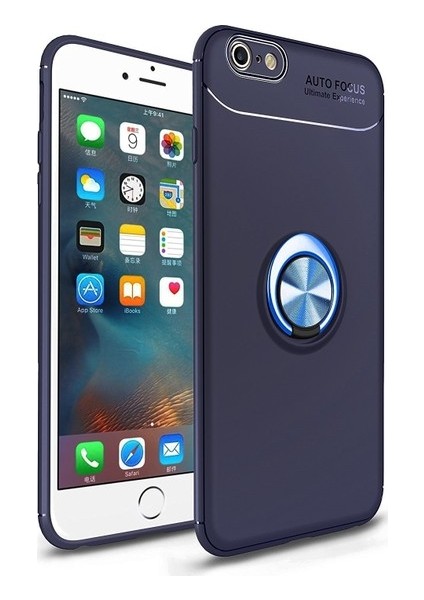 iPhone 6/6S Kılıf Standlı Yüzüklü Mıknatıslı Kılıf + 9H Esnek Nano Cam Lacivert