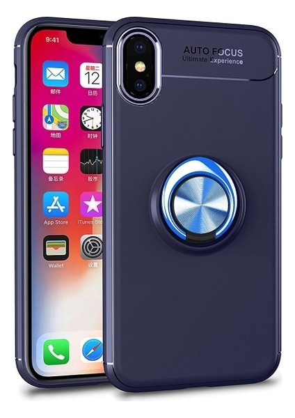 iPhone XS 5.8" Kılıf Standlı Yüzüklü Mıknatıslı Kılıf + 9H Esnek Nano Cam Lacivert