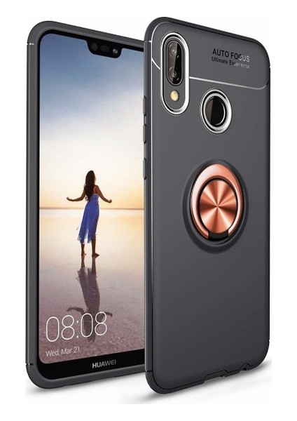 Huawei P20 Lite Kılıf Standlı Yüzüklü Mıknatıslı Kılıf + 9H Esnek Nano Cam Siyah