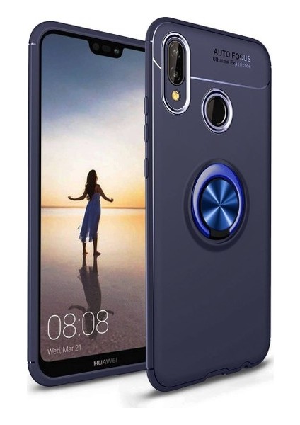 Huawei P20 Lite Kılıf Standlı Yüzüklü Mıknatıslı Kılıf + 9H Esnek Nano Cam Lacivert