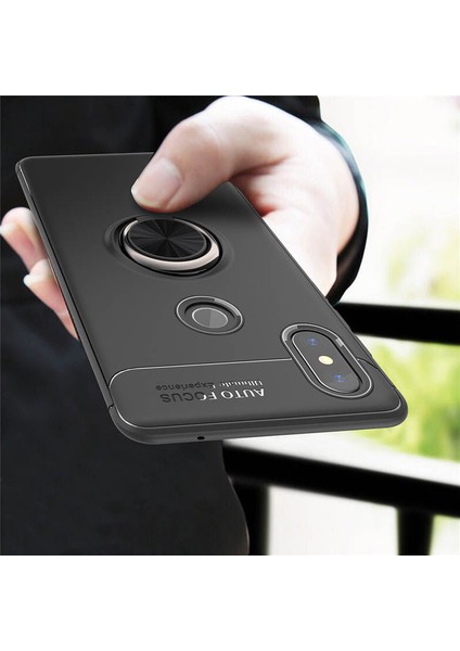 Xiaomi Mi A2 / 6X Kılıf Standlı Yüzüklü Mıknatıslı Kılıf + 9H Esnek Nano Cam Siyah