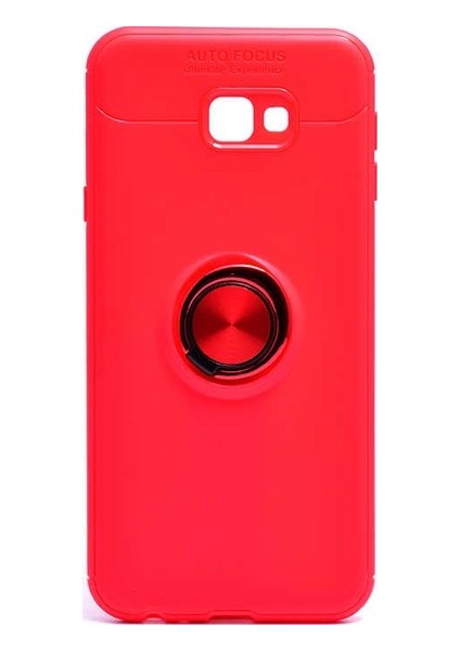 Samsung Galaxy J4 Plus Kılıf Standlı Yüzüklü Mıknatıslı Kılıf + 9H Esnek Nano Cam Kırmızı