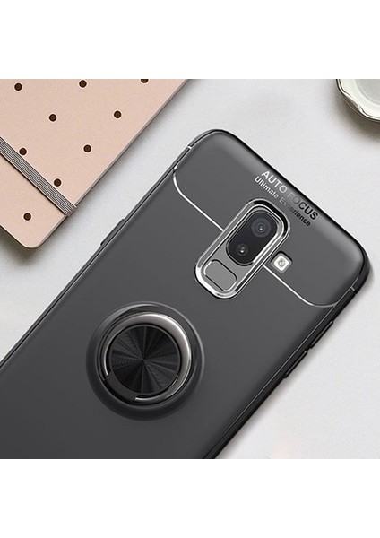 Samsung Galaxy J8 Kılıf Standlı Yüzüklü Mıknatıslı Kılıf + 9H Esnek Nano Cam Kırmızı