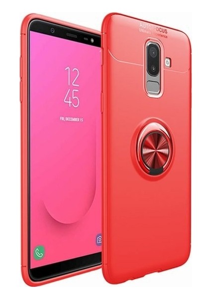 Samsung Galaxy J8 Kılıf Standlı Yüzüklü Mıknatıslı Kılıf + 9H Esnek Nano Cam Kırmızı