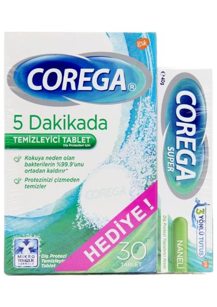 30 Tablet + Corega Naneli Yapıştırıcı Krem 40 gr