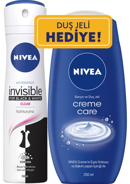 Invisible Black&White Clear Sprey Deodorant 150 ml Kadın + Nivea Creme Care Banyo Ve Duş Jeli 250 ml