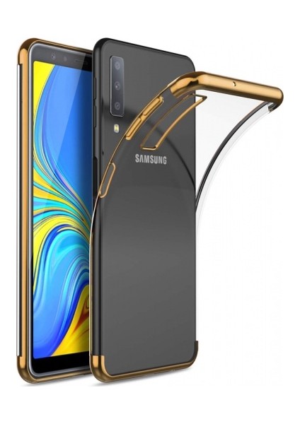 Samsung Galaxy A7 2018 Kılıf Ultra Slim Şeffaf Dört Köşe Lazer Silikon - Gold