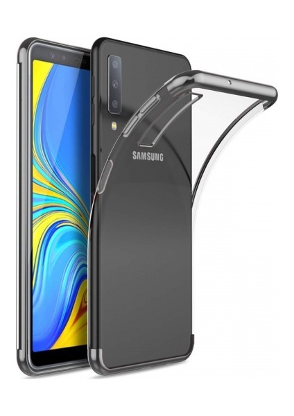 Samsung Galaxy A7 2018 Kılıf Ultra Slim Şeffaf Dört Köşe Lazer Silikon - Gümüş