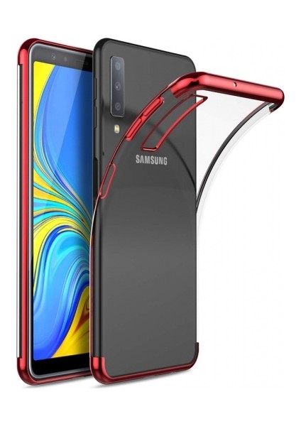 Samsung Galaxy A7 2018 Kılıf Ultra Slim Şeffaf Dört Köşe Lazer Silikon - Kırmızı