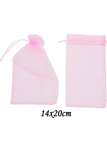 50li Pullu Tül Büzgülü Kese Pembe 14 x 20 cm