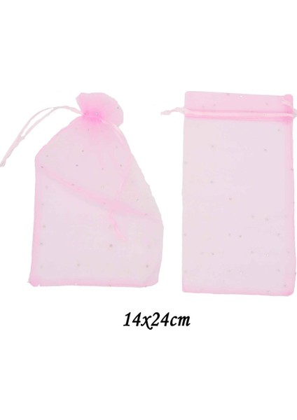 50li Pullu Tül Büzgülü Kese Pembe 14 x 24 cm