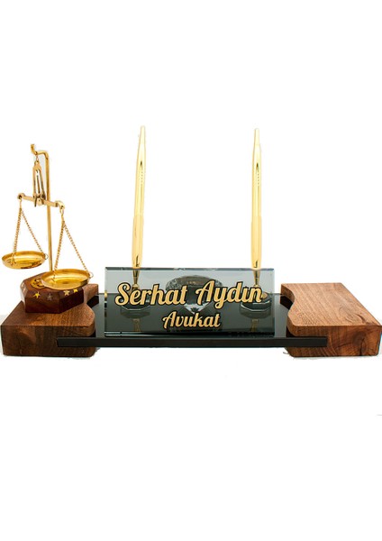 Terazi Biblolu Ahşap Ayaklı Kristal Masa İsimliği