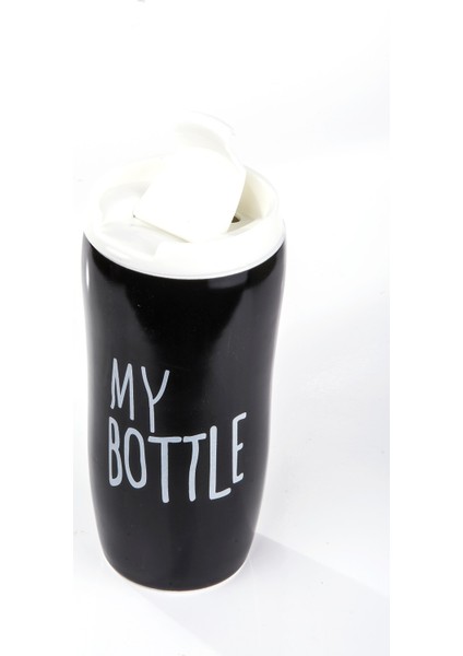 My Bottle Yazılı Termos Kapaklı Porselen Kupa Siyah
