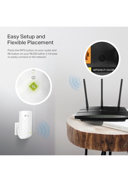 TP-Link RE200 AC750 Mbps, 1 Ethernet Bağlantı Noktalı Wi-Fi Güçlendirici/Hotspot, Access Point Modu, Tüm Wi-Fi Yönlendiriciler ile Çalışır, Wi-Fi 5 Menzil Genişletici