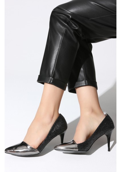 Plus Platin Ayna Siyah Camkırıgı Kadın Stiletto