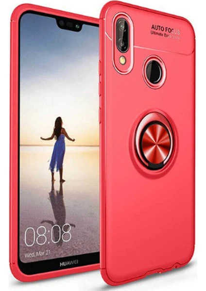 Case 4U Huawei P Smart 2019 Kılıf Autofocus Shockprof Ravel Yüzüklü Standlı Slikon Kapak Kırmızı