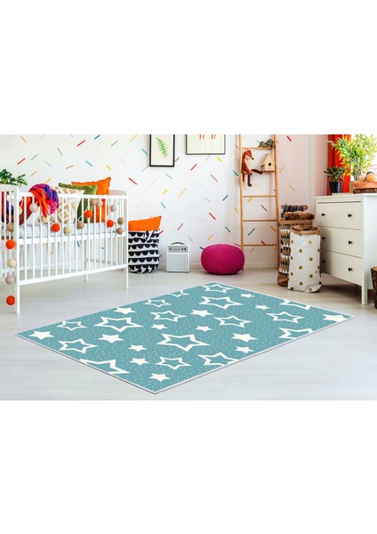 Antialerjik Kaymaz Taban Yıkanabilir Çocuk Odası Halısı 2123 Mavi 80X120 cm