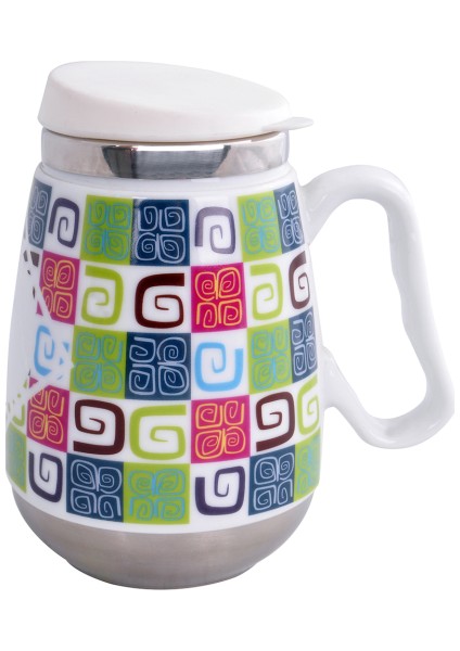 AND-325 B İçi Çelik Dışı Desenli Seramik Kupa Mug 400ml.