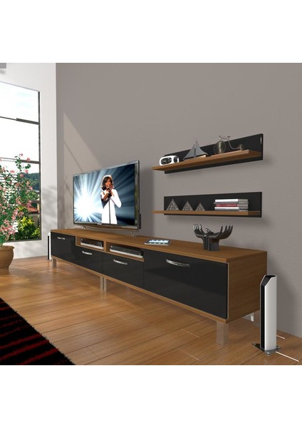 Eko 220R Mdf Krom Ayaklı Tv Ünitesi Tv Sehpası Ceviz Siyah