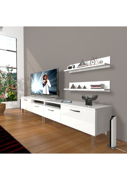 Eko 220R Mdf Krom Ayaklı Tv Ünitesi Tv Sehpası Parlak Beyaz