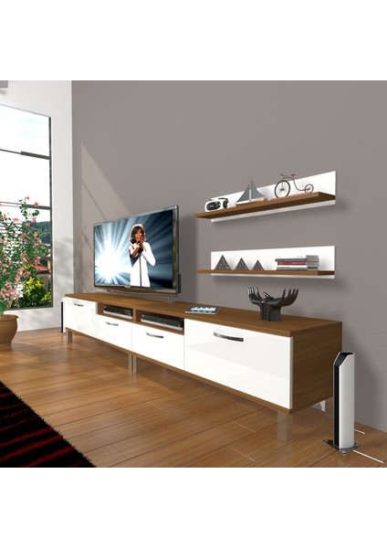 Eko 220R Slm Krom Ayaklı Tv Ünitesi Tv Sehpası Ceviz Beyaz