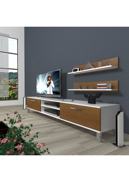 Eko 4 Mdf Dvd Krom Ayaklı Tv Ünitesi Tv Sehpası Beyaz Ceviz