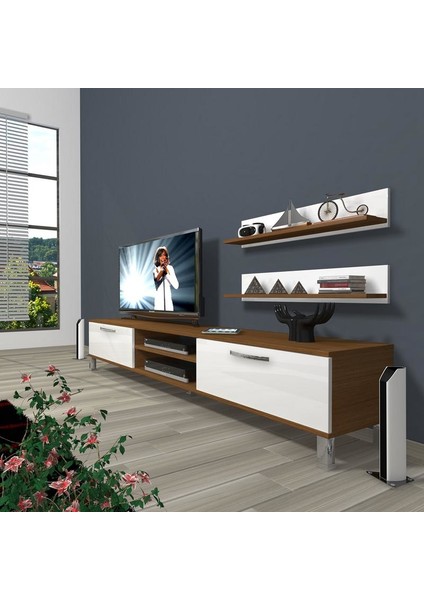 Eko 4 Mdf Dvd Krom Ayaklı Tv Ünitesi Tv Sehpası Ceviz Beyaz