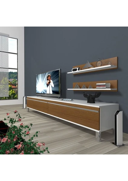 Eko 4 Mdf Std Krom Ayaklı Tv Ünitesi Tv Sehpası Beyaz Ceviz