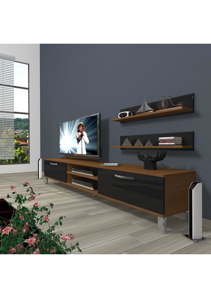 Eko 4 Slm Dvd Krom Ayaklı Tv Ünitesi Tv Sehpası Ceviz Siyah
