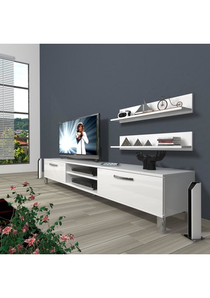 Eko 4 Slm Dvd Krom Ayaklı Tv Ünitesi Tv Sehpası Parlak Beyaz