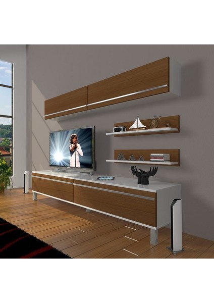 Eko 5 Mdf Std Krom Ayaklı Tv Ünitesi Tv Sehpası Beyaz Ceviz