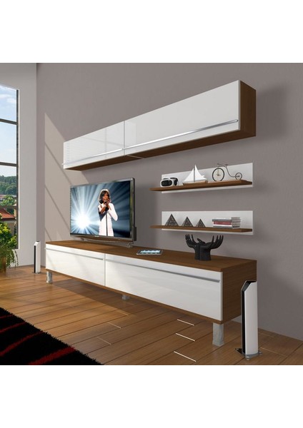 Eko 5 Mdf Std Krom Ayaklı Tv Ünitesi Tv Sehpası Ceviz Beyaz