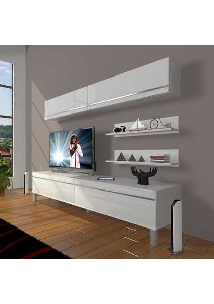 Eko 5 Mdf Std Krom Ayaklı Tv Ünitesi Tv Sehpası Parlak Beyaz