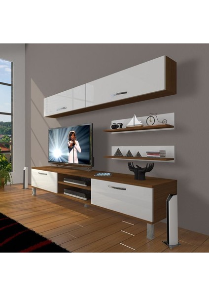 Eko 5 Slm Dvd Krom Ayaklı Tv Ünitesi Tv Sehpası Ceviz Beyaz
