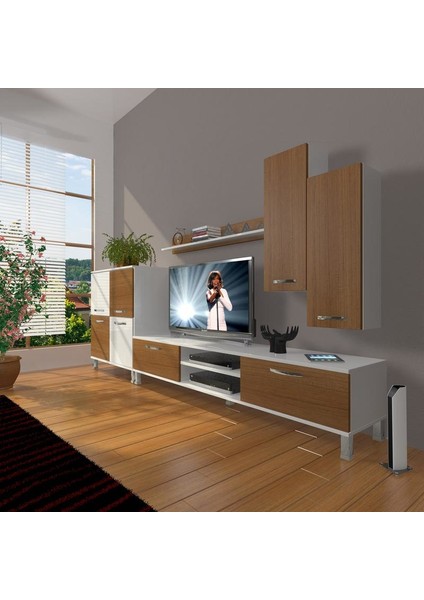 Eko 6 Mdf Dvd Krom Ayaklı Tv Ünitesi Tv Sehpası Beyaz Ceviz
