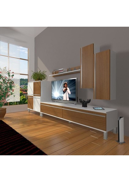 Eko 6 Mdf Std Krom Ayaklı Tv Ünitesi Tv Sehpası Beyaz Ceviz
