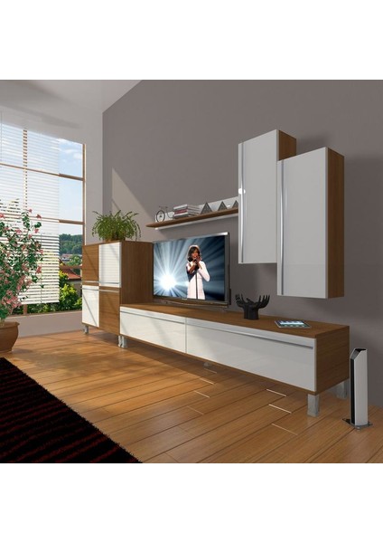 Eko 6 Mdf Std Krom Ayaklı Tv Ünitesi Tv Sehpası Ceviz Beyaz
