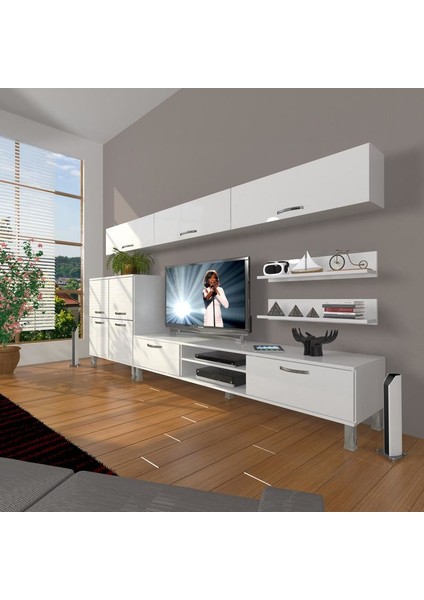 Eko 8 Slm Dvd Krom Ayaklı Tv Ünitesi Tv Sehpası Parlak Beyaz