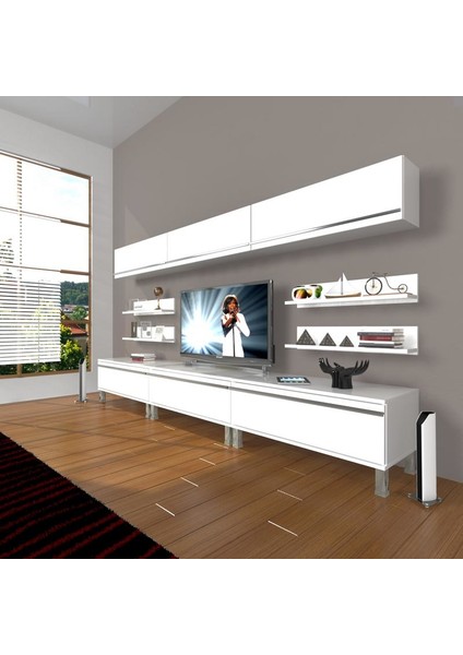 Eko 8Y Mdf Krom Ayaklı Tv Ünitesi Tv Sehpası Parlak Beyaz