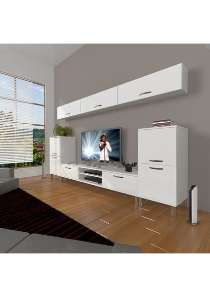 Eko 9 Mdf Dvd Krom Ayaklı Tv Ünitesi Tv Sehpası Parlak Beyaz