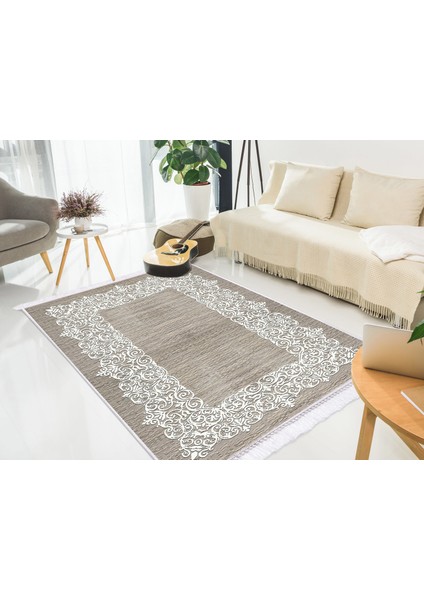 İnci Dijital Saçaklı Yıkanabilir Kaymaz Taban Halı 1811 Kahve 80 x 150