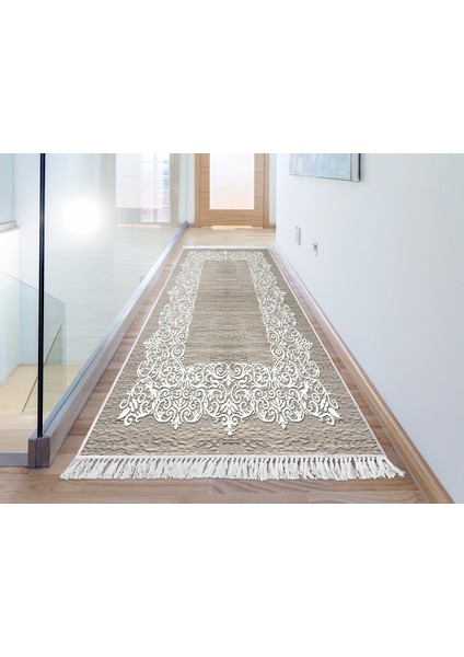 İnci Dijital Saçaklı Yıkanabilir Kaymaz Taban Halı 1811 Kahve 80 x 300