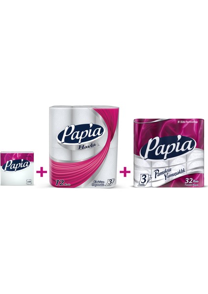 Tuvalet Kağıdı 32'li + Papia Kağıt Havlu 12'li + Papia Peçete 50'li