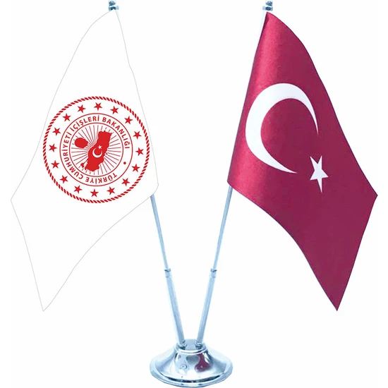 Gönder Bayrak İçişleri Bakanlığı Yeni Logo Ve Türk Bayraklı Krom Direk İkili Masa Bayrağı 15X22,5Cm