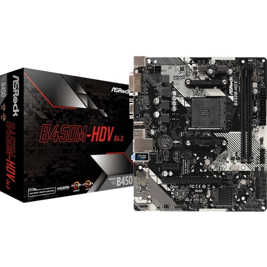 Asrock B450M-HDV R4.0 AMD B450 3200+MHz (OC) DDR4 Socket AM4 mATX Anakart (ASRB450M-HDVR4)