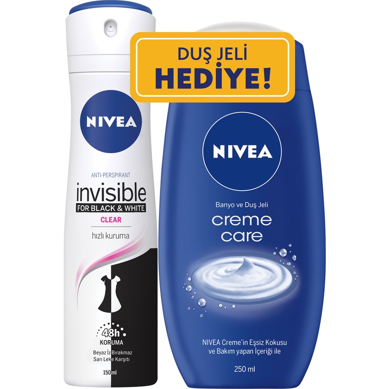 Nivea Invisible Black&White Clear Sprey Deodorant 150 ml Kadın + Nivea Creme Care Banyo Ve Duş Jeli 250 ml