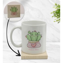 Bk Gift Kişiye Özel Kaktüs Tasarımlı Beyaz Kupa Bardak ve Ahşap Bardak Altlığı Hediye Seti - Model 2